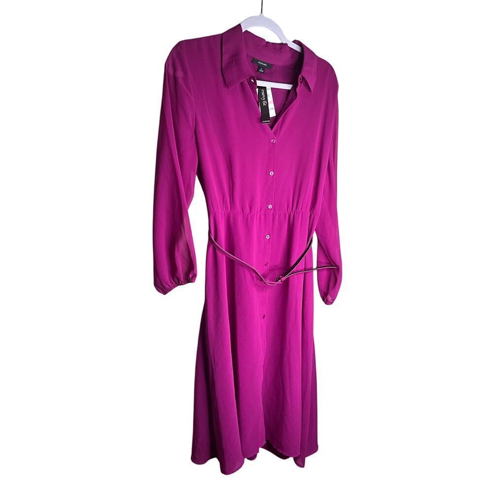 Alfani Curvy Fit Button Down Dress Long Sleeve With Belt Fuschia Womens Size 12